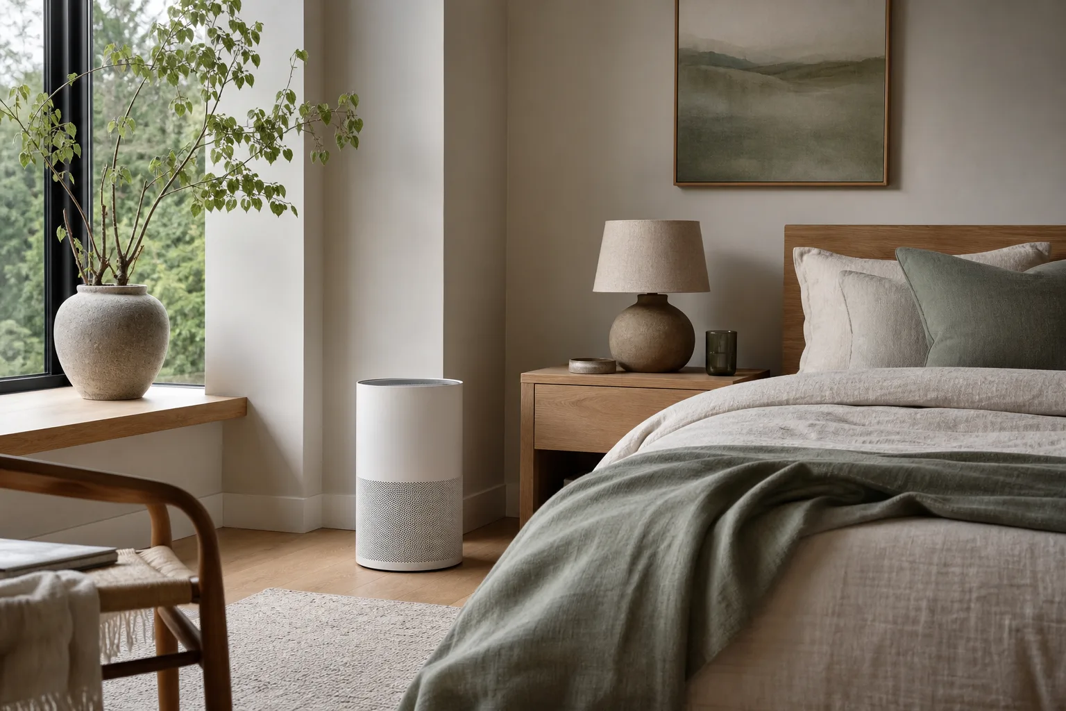 Compact air purifier in a calm bedroom with natural materials
