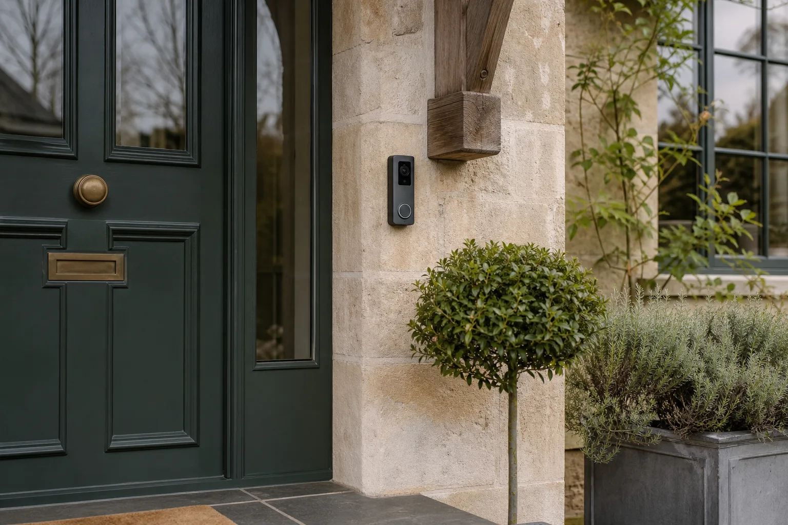 Battery video doorbell beside a dark green home entrance