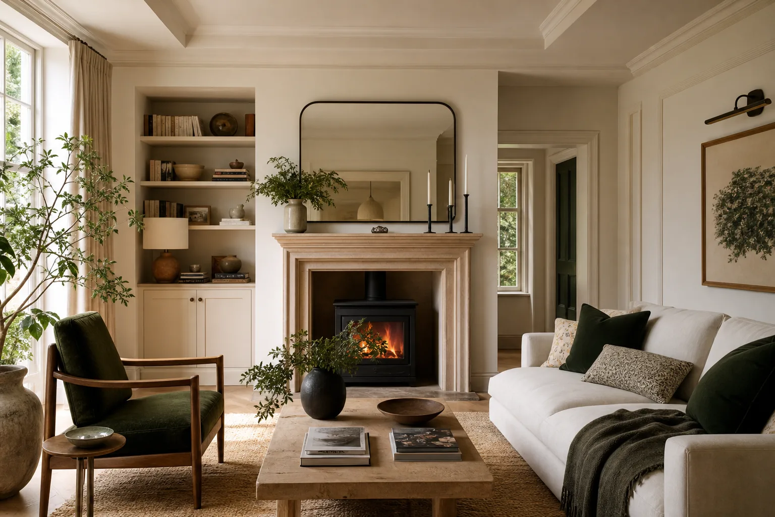 Warm contemporary living room with natural materials