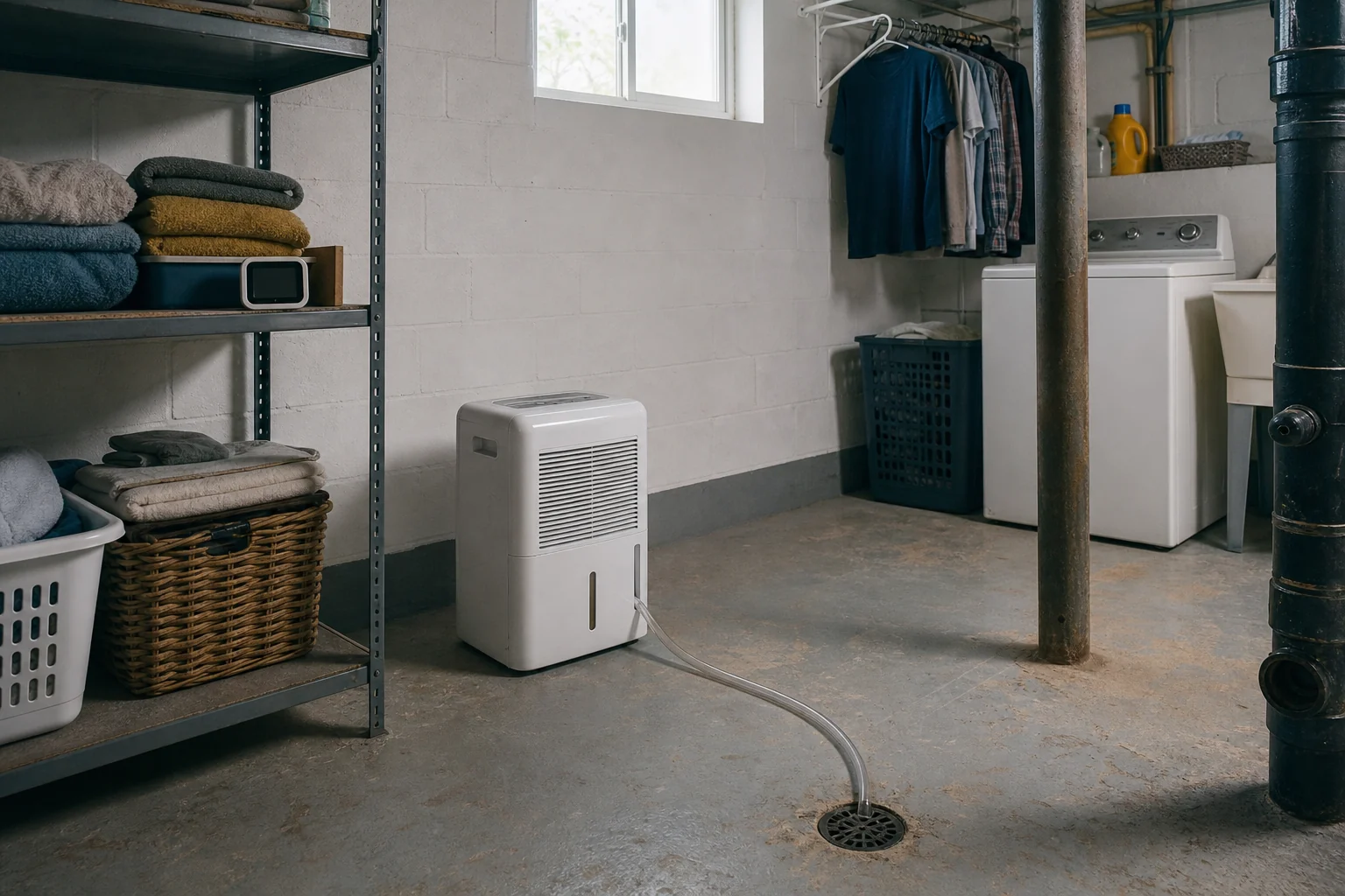 A dehumidifier draining into a floor drain in a practical basement laundry room