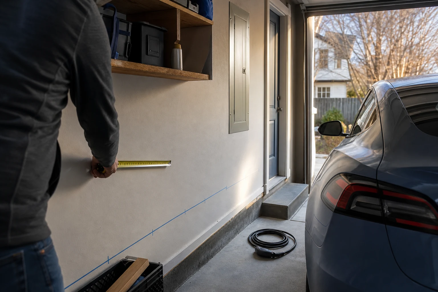 Installer measuring an EV charging cable route inside a home garage
