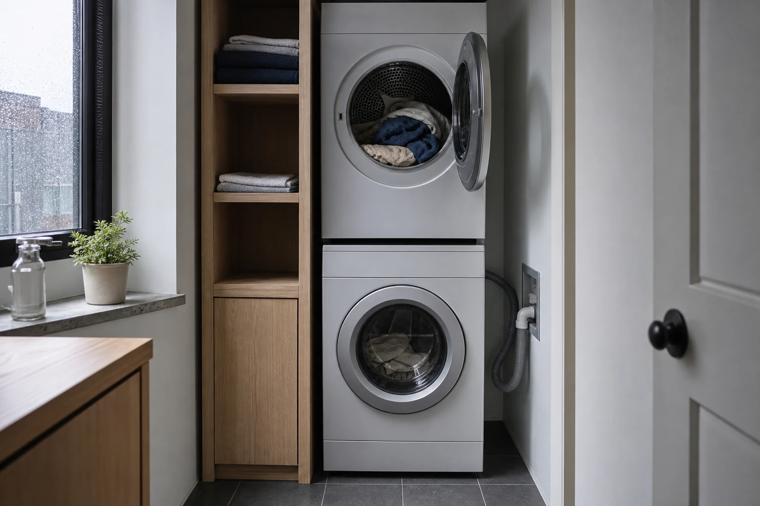 Stacked laundry appliances fitted into a compact urban utility alcove