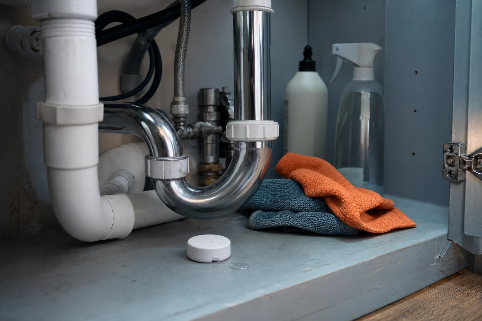 Small water leak sensor positioned beneath plumbing in an under-sink cabinet