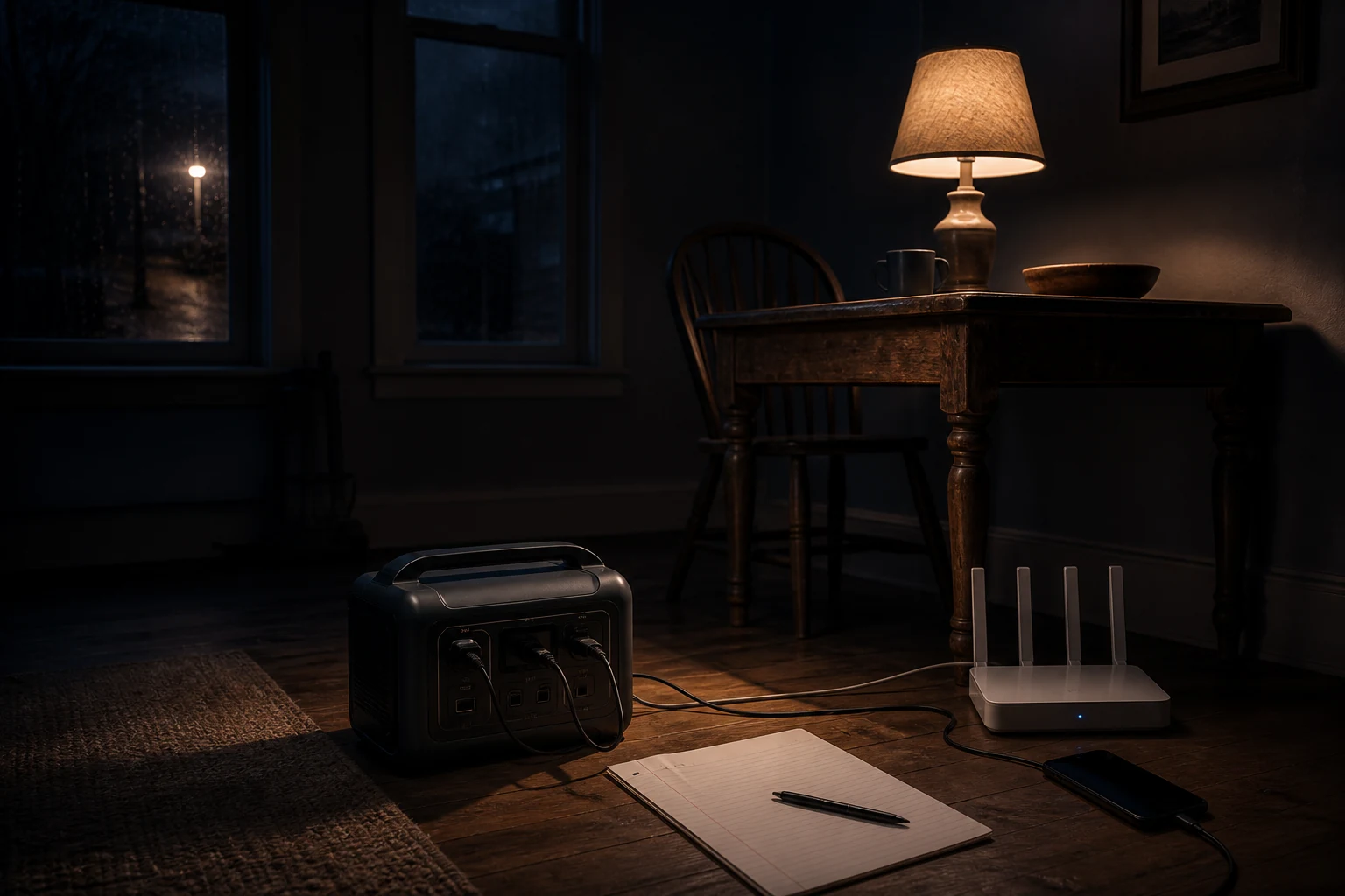 Portable battery power station running essential devices during an outage