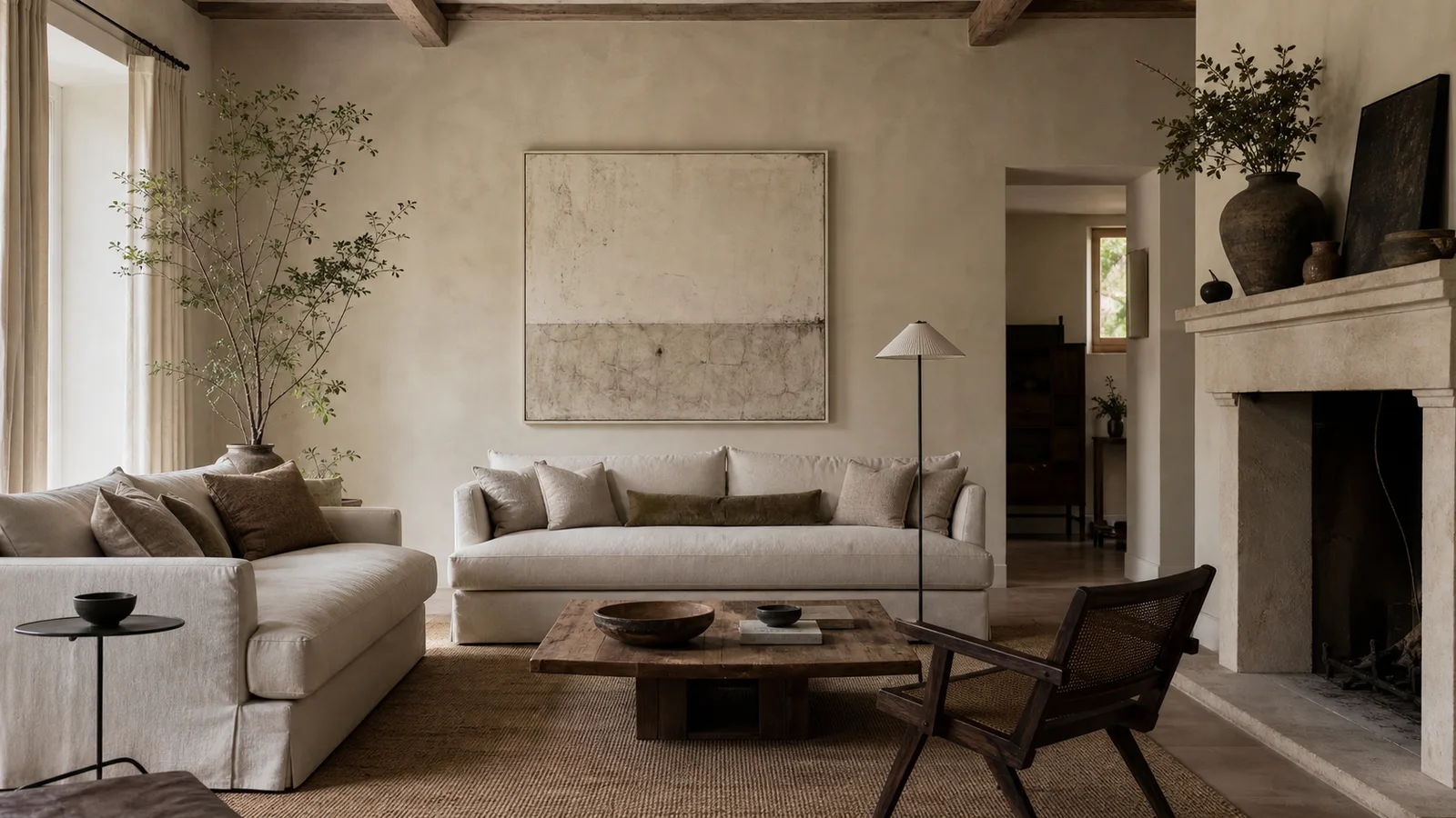 Layered neutral living room with soft daylight