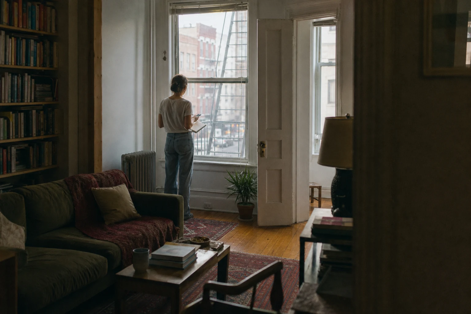 Resident standing by an apartment window while mapping sources of street noise