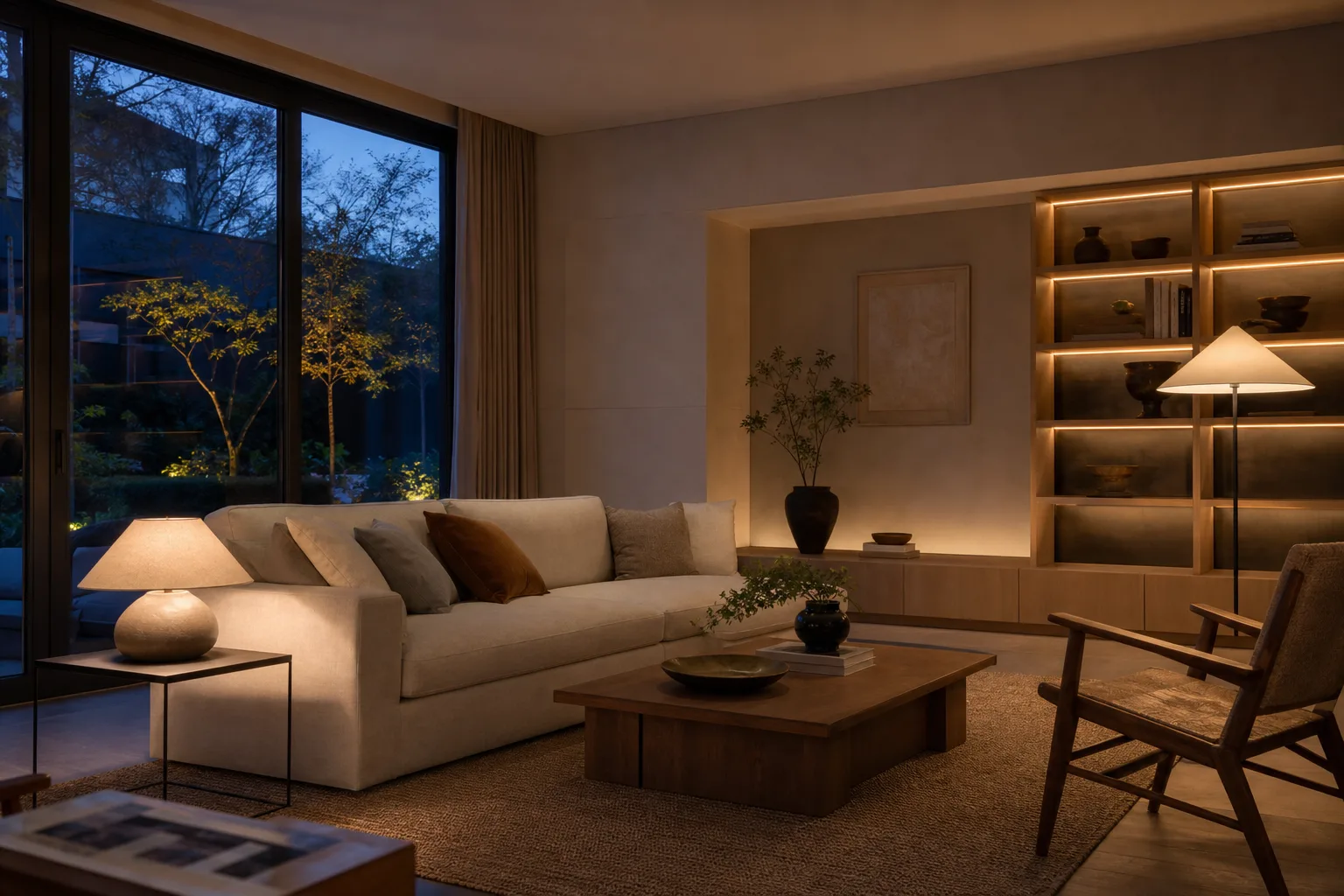 Warm layered lighting in a contemporary living room at blue hour
