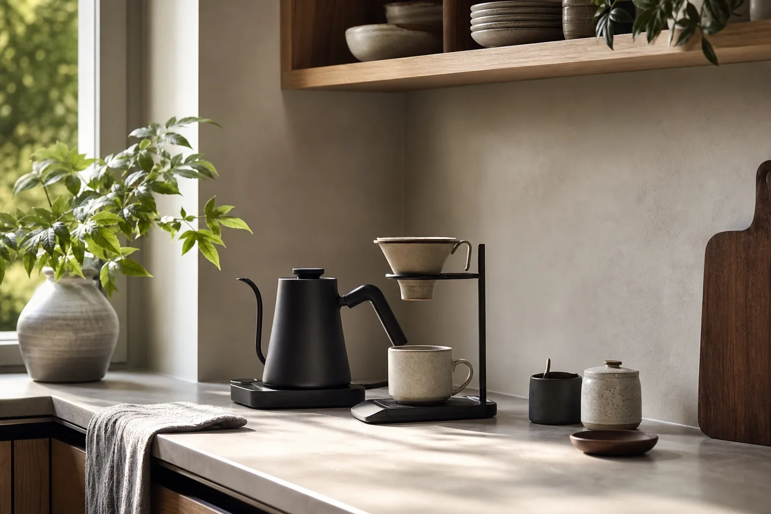 Dark gooseneck kettle arranged in a quiet kitchen coffee corner