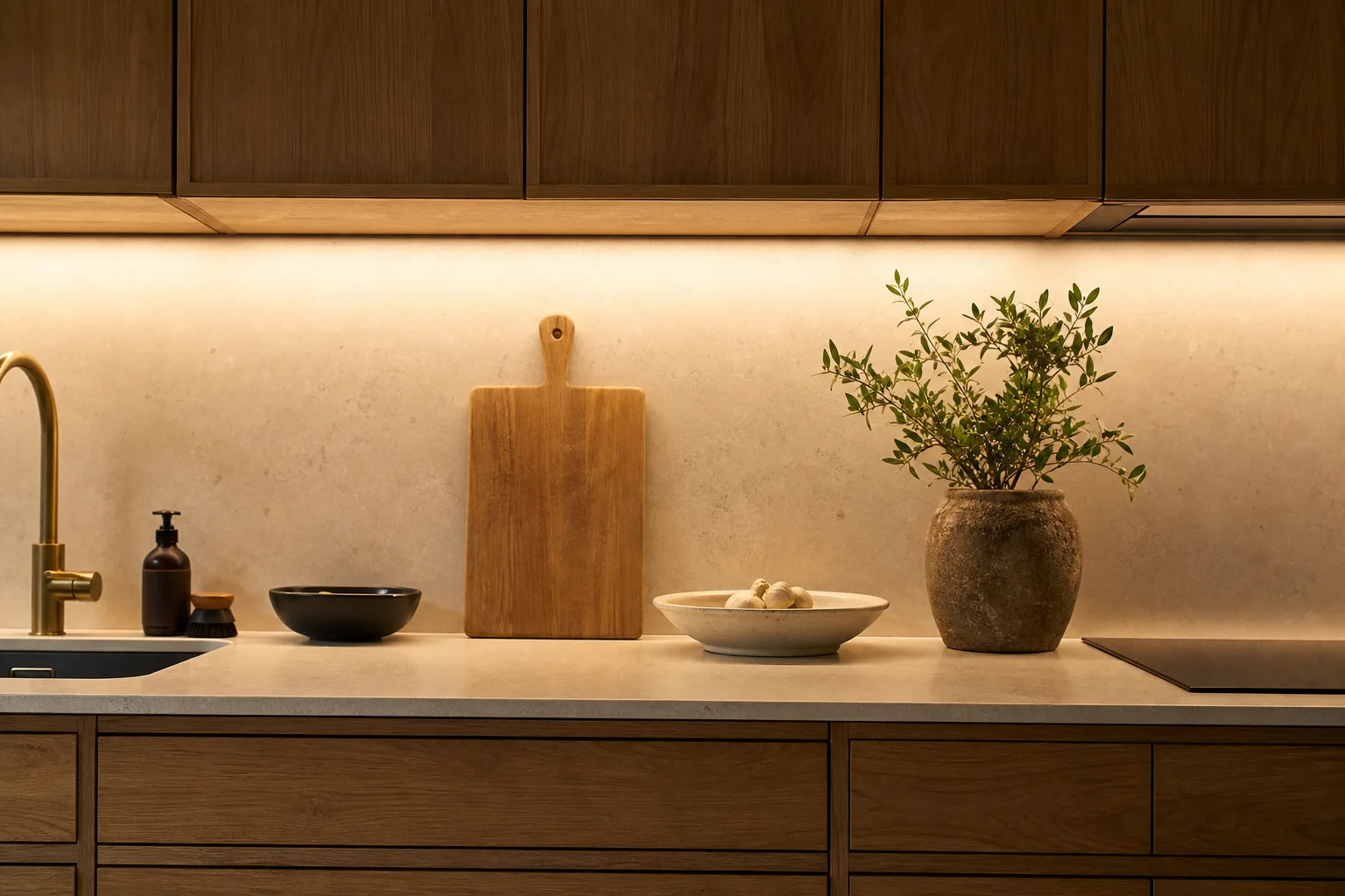 Even warm under-cabinet lighting across a kitchen work surface